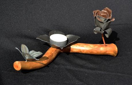 composition florale fait main en zinc, cuivre et bois - avec bougie