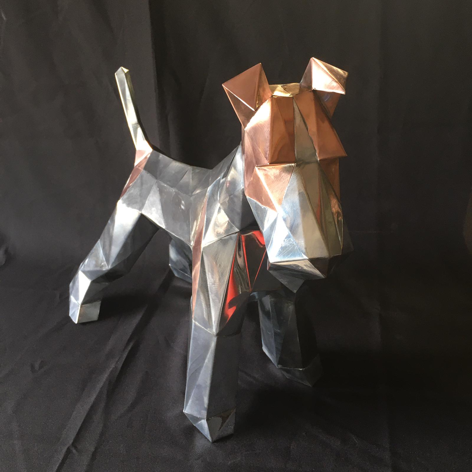 Sculpture fox-terrier fait main en zinc et cuivre - avant