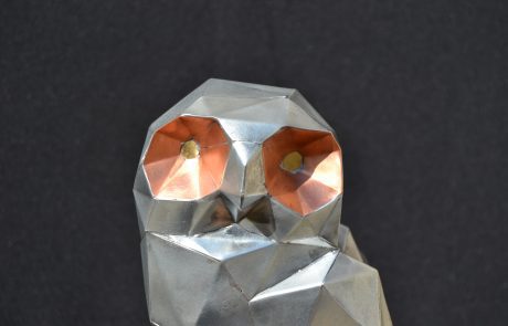 Tête chouette 3D en zinc, cuivre et laiton